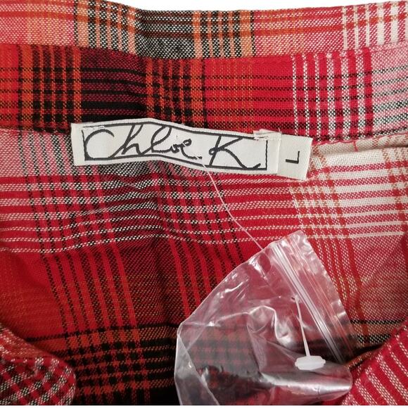 Chloe K Red Plaid Button Rolled Sleeve Tunic Top, Size L - Picture 3 of 13